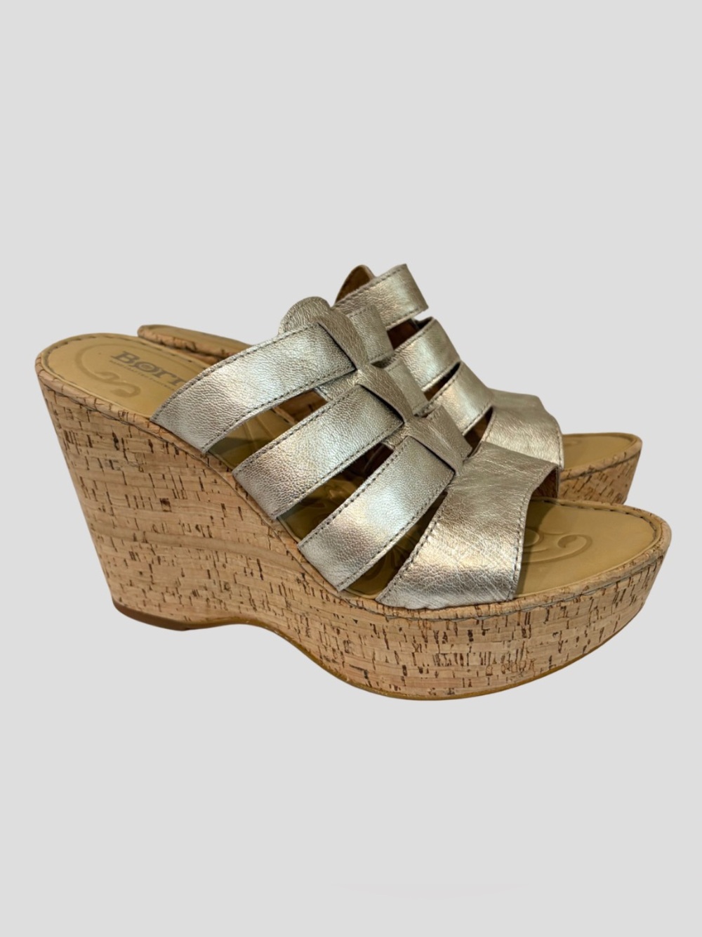 Born Metallic Leather Open Toe Strappy Cork Wedge Heels Sandals